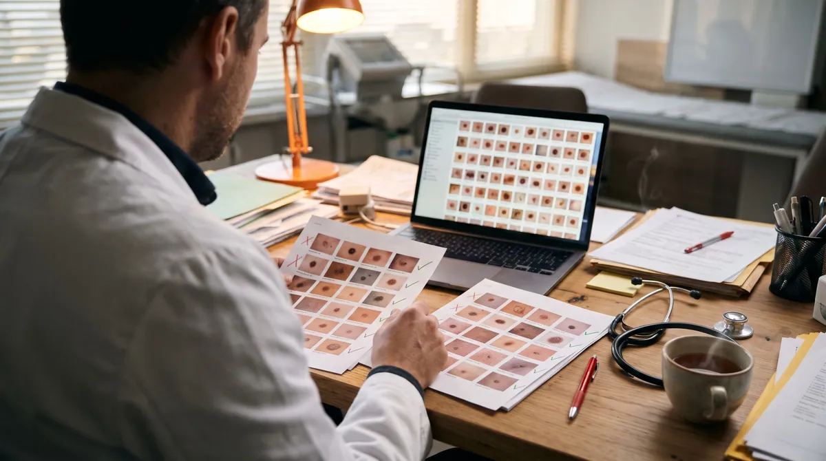 Doctor reviewing a grid of mole photos on a laptop during AI skin cancer screening
