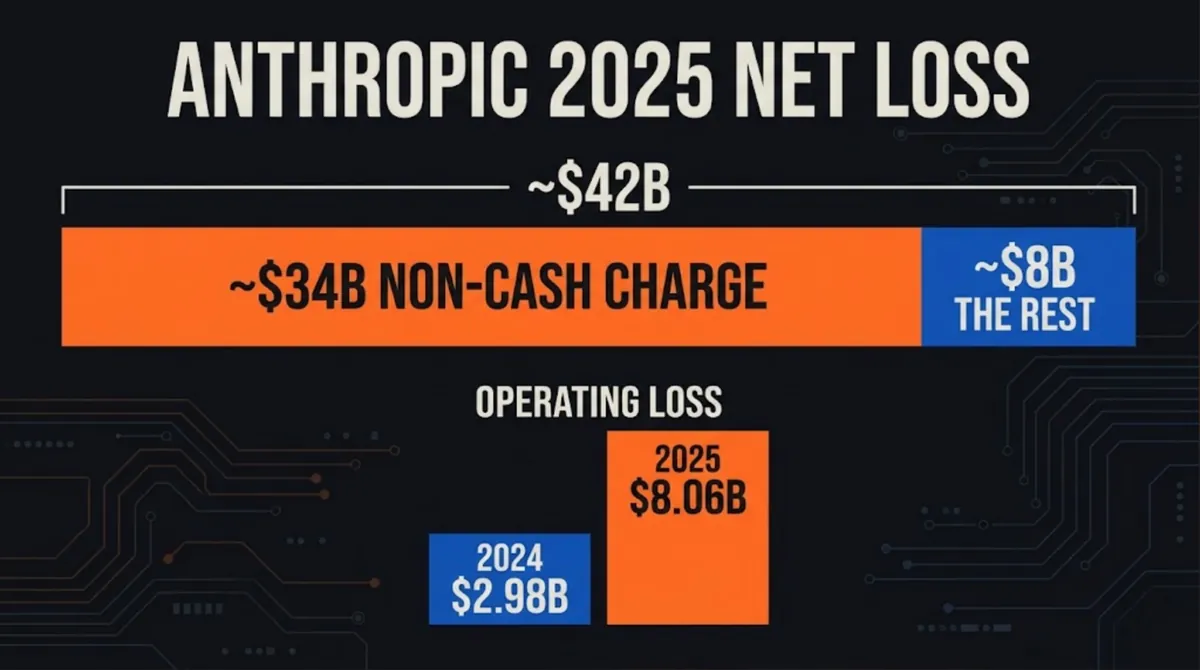 Diagram of the roughly $42B Anthropic 2025 net loss split into a ~$34B charge that is not cash and ~$8B the rest, with operating loss bars of $2.98B in 2024 and $8.06B in 2025