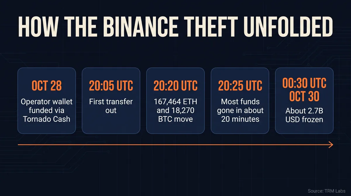 Timeline of the Binance hack: Tornado Cash funding on Oct 28, first transfer at 20:05 UTC, 167,464 ETH and 18,270 BTC moved at 20:20 UTC, most funds gone by 20:25 UTC and about 2.7B USD frozen at 00:30 UTC on Oct 30, per TRM Labs