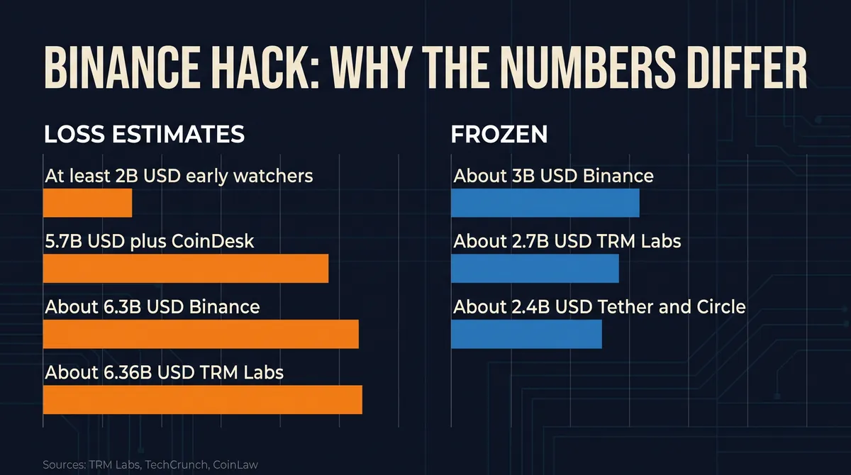 Bar chart of why Binance hack numbers differ: loss estimates from at least 2B USD to about 6.36B USD next to frozen totals of about 3B, 2.7B and 2.4B USD