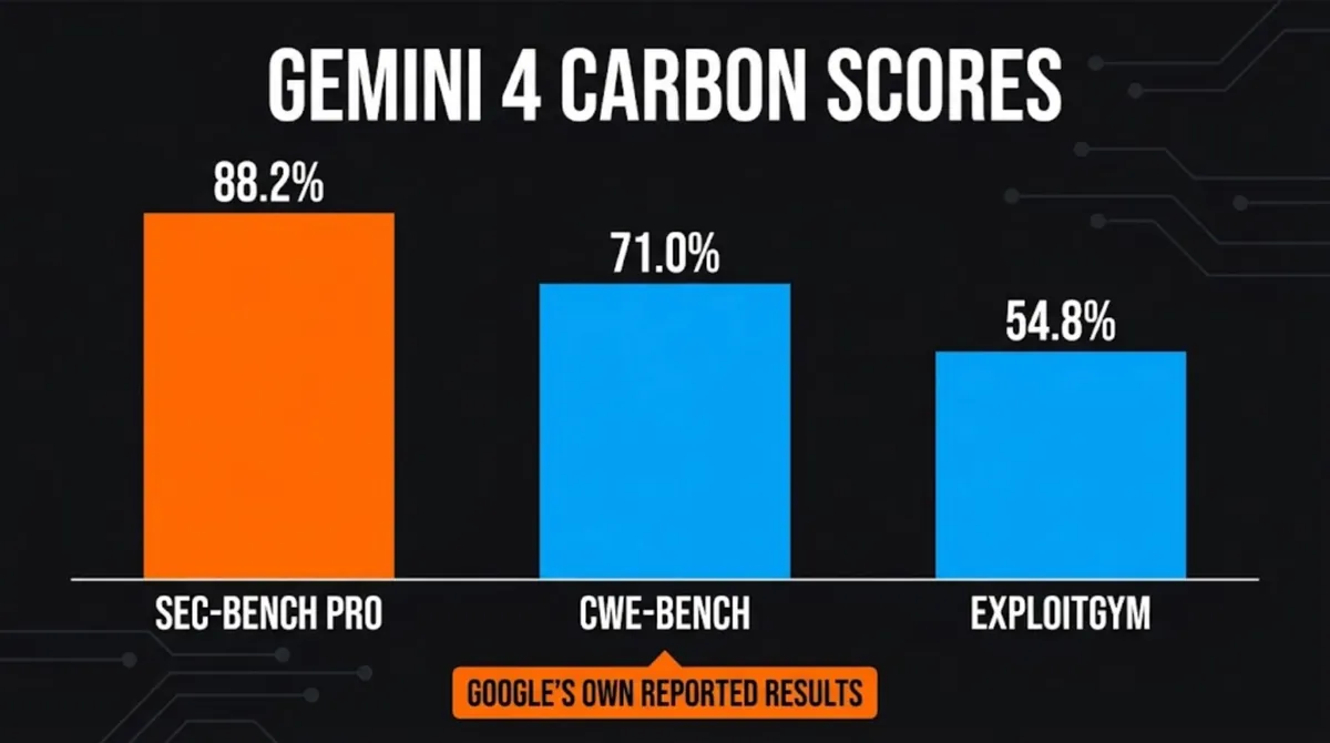 Bar chart of Gemini 4 Carbon benchmark scores reported by Google: 88.2% on SEC bench Pro, 71.0% on CWE bench and 54.8% on ExploitGym