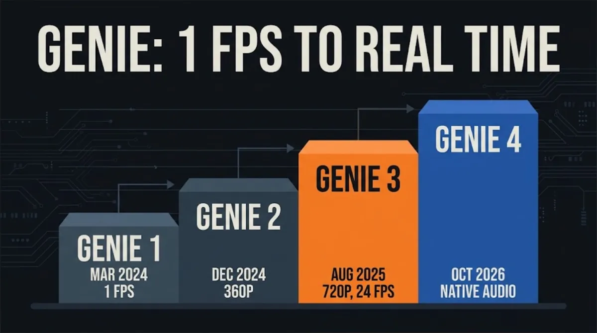 Staircase timeline of Google Genie versions: Genie 1 in March 2024 at 1 FPS, Genie 2 in December 2024 at 360P, Genie 3 in August 2025 at 720P and 24 FPS, and Genie 4 in October 2026 with native audio