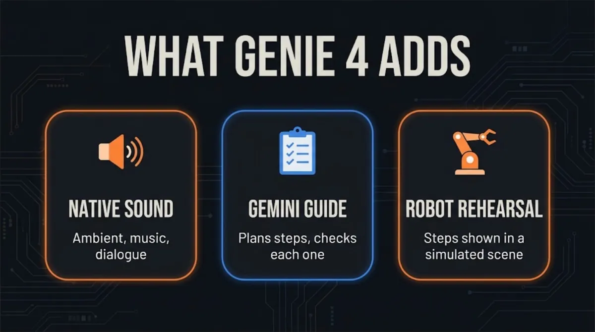 Three cards showing what Genie 4 adds: native sound, a Gemini guide that plans steps and checks each one, and robot rehearsal shown in a simulated scene