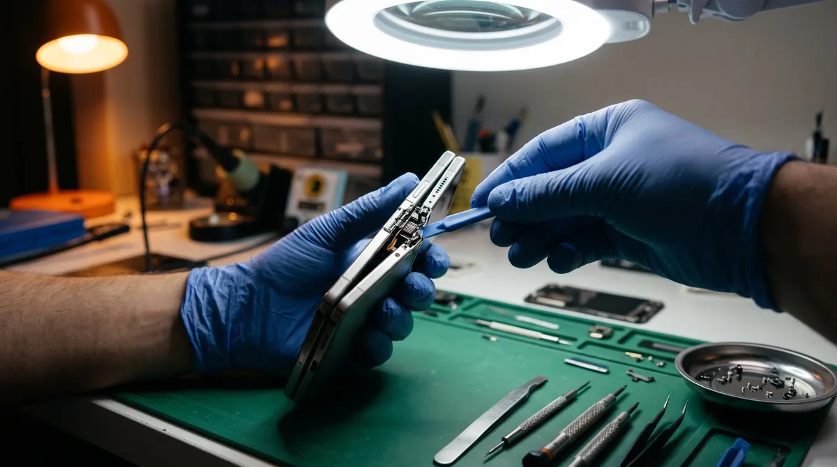 A repair technician at a workbench lifting the folded halves of a titanium smartphone apart with a plastic opening tool