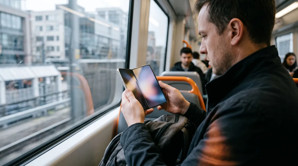 A commuter on a train unfolding a large foldable phone to read on its inner screen