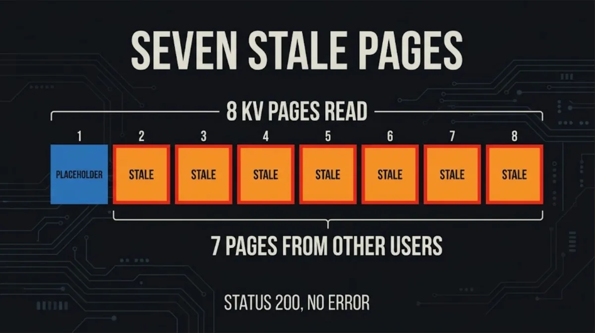 Diagram of eight KV cache pages where page 1 is a placeholder and pages 2 to 8 are stale pages from other users, with the note status 200 no error