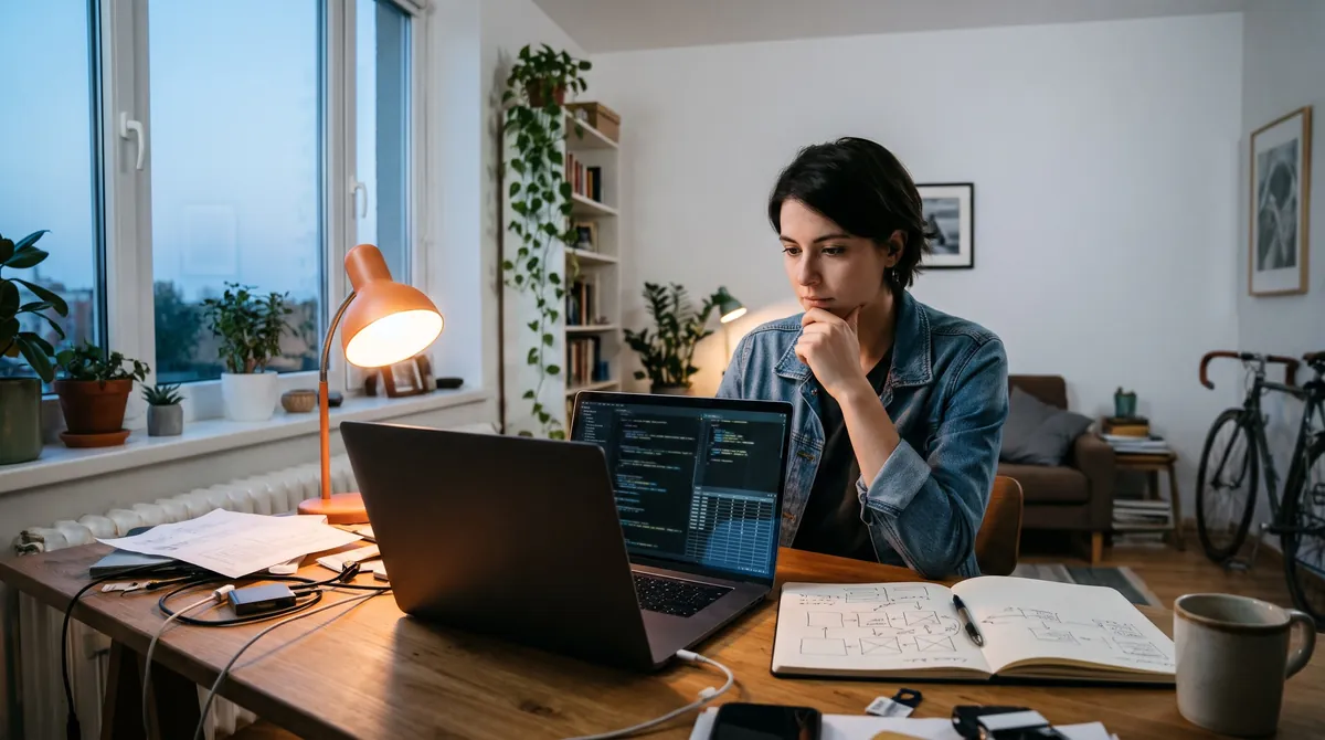 A software developer at a wooden desk by a window at dusk, studying a laptop while weighing which AI model to pay for
