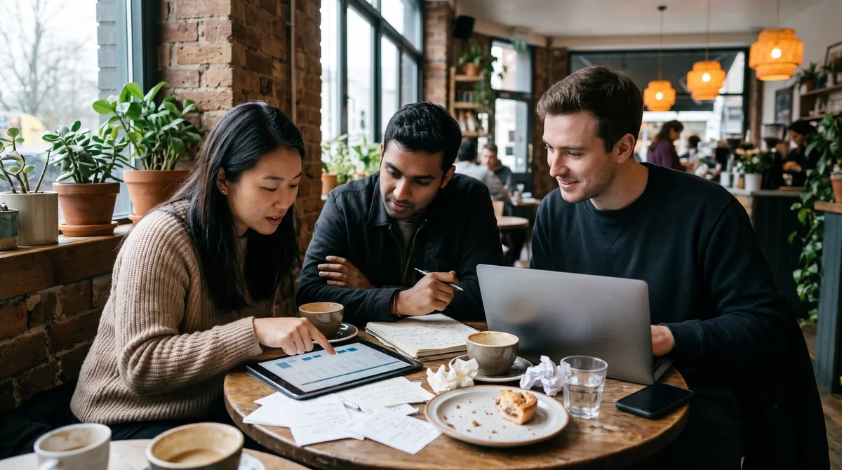 A small team of founders around a cafe table reviewing monthly costs together on a tablet and paper notes