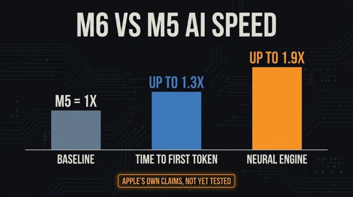 Bar chart of MacBook Pro M6 vs M5 AI speed: M5 as the 1X baseline, up to 1.3X faster time to first token and up to 1.9X for the Neural Engine, marked as Apple's own claims and not yet tested