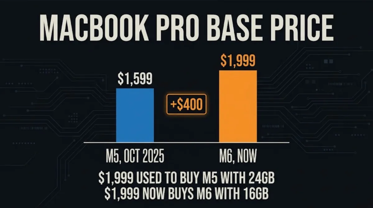 Bar chart of the MacBook Pro base price: $1,599 for the M5 in October 2025 and $1,999 for the M6 now, a $400 increase, with 16GB at $1,999 on the M6 against 24GB at $1,999 on the M5