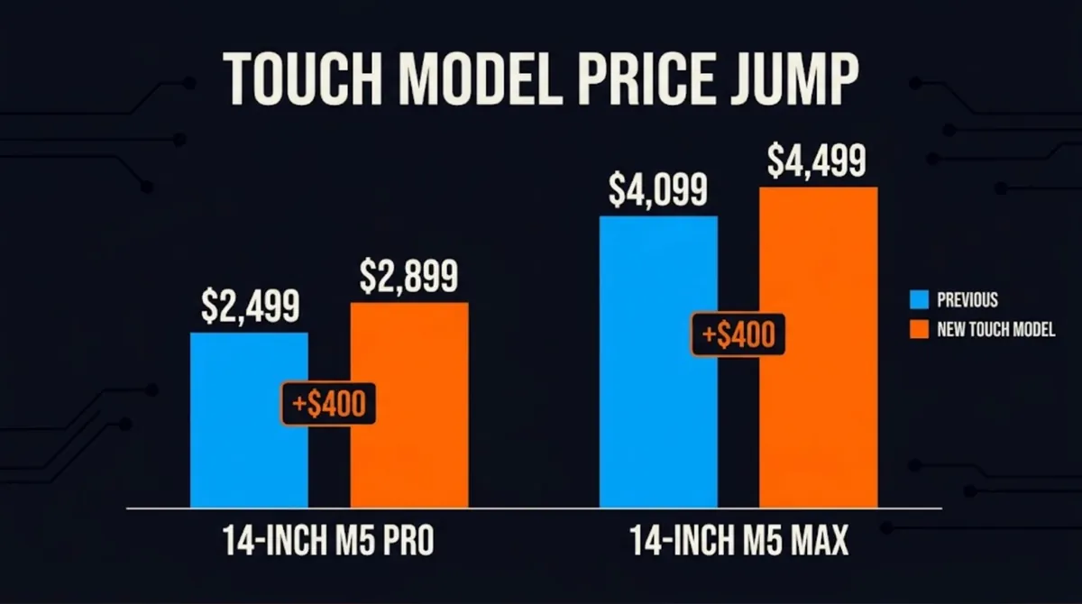 Column chart of the MacBook touch screen price jump: 14-inch M5 Pro from $2,499 to $2,899 and 14-inch M5 Max from $4,099 to $4,499, each plus $400