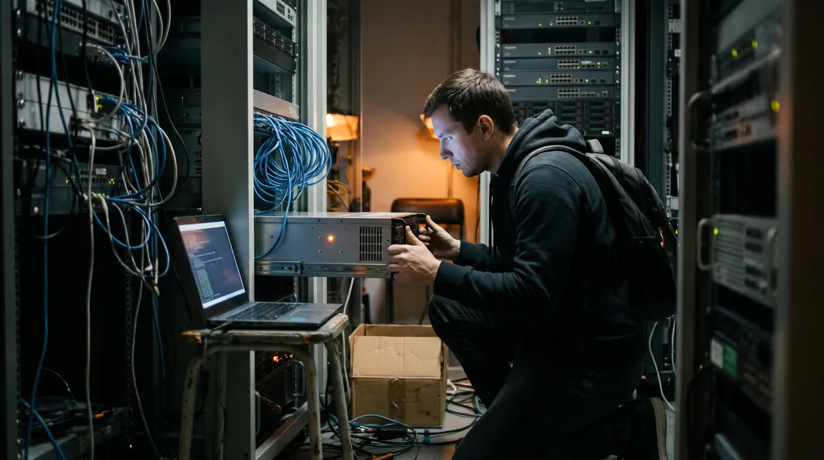 A developer in a small office server room downloading open weight AI models onto a rack server, lit by the glow of a laptop screen