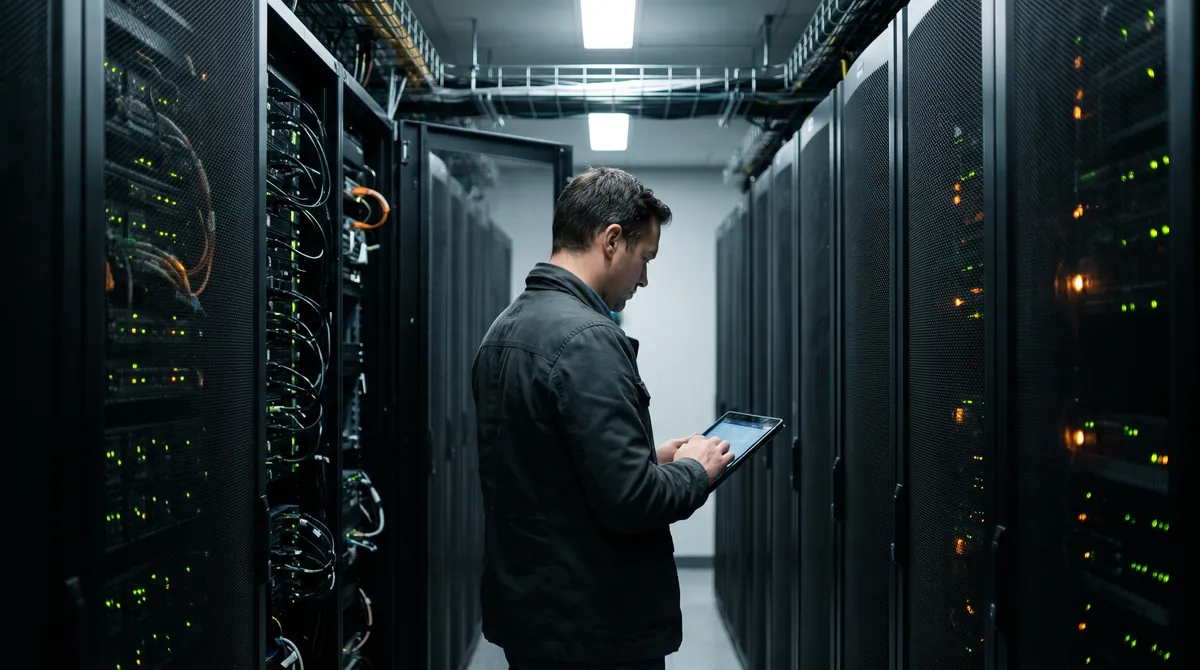 An IT manager in a quiet company data center checking a row of GPU servers used to run open-weight AI models on-prem