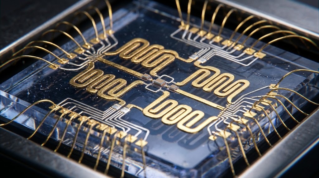 A researcher in a cleanroom suit examines a gold-plated cryogenic cooling chamber used to keep a quantum processor near absolute zero