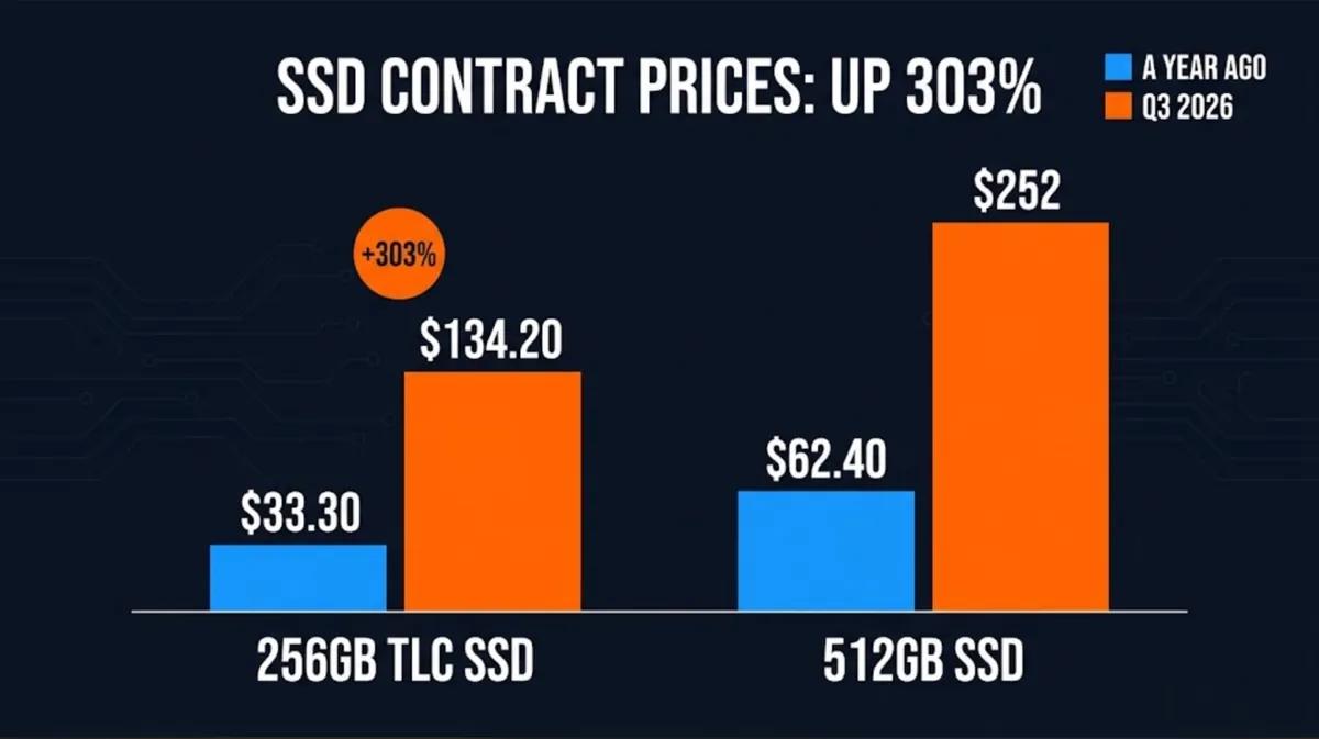 Column chart of SSD contract prices showing a 256GB TLC SSD rising from $33.30 a year ago to $134.20 in Q3 2026, a 303% increase, and a 512GB SSD from $62.40 to $252