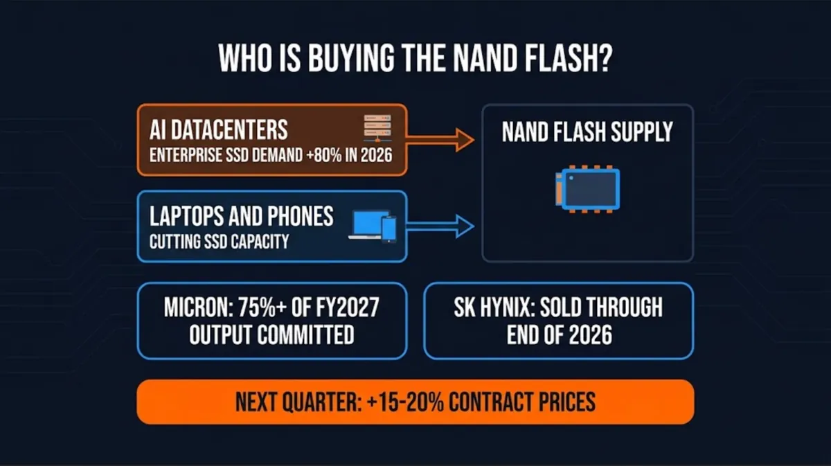 Diagram showing AI datacenters and laptop and phone makers both drawing on the NAND flash supply, with Micron committing 75% of fiscal 2027 output, SK hynix sold out through 2026 and contract prices forecast to rise 15-20% next quarter