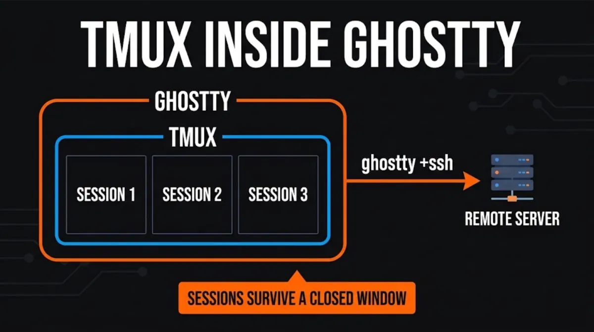 Diagram of tmux running inside Ghostty with three tmux sessions, connected by the ghostty +ssh command to a remote server, showing that tmux sessions survive a closed window