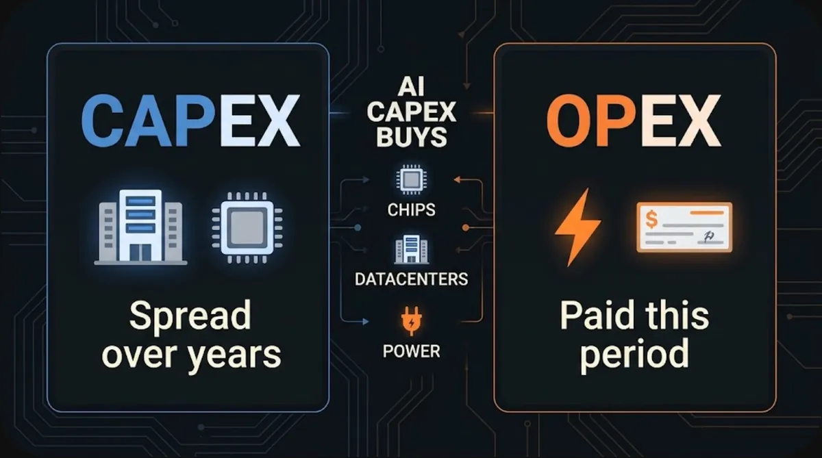 Diagram of capex vs opex: capex is spread over years, opex is paid this period, and AI capex buys chips, datacenters and power
