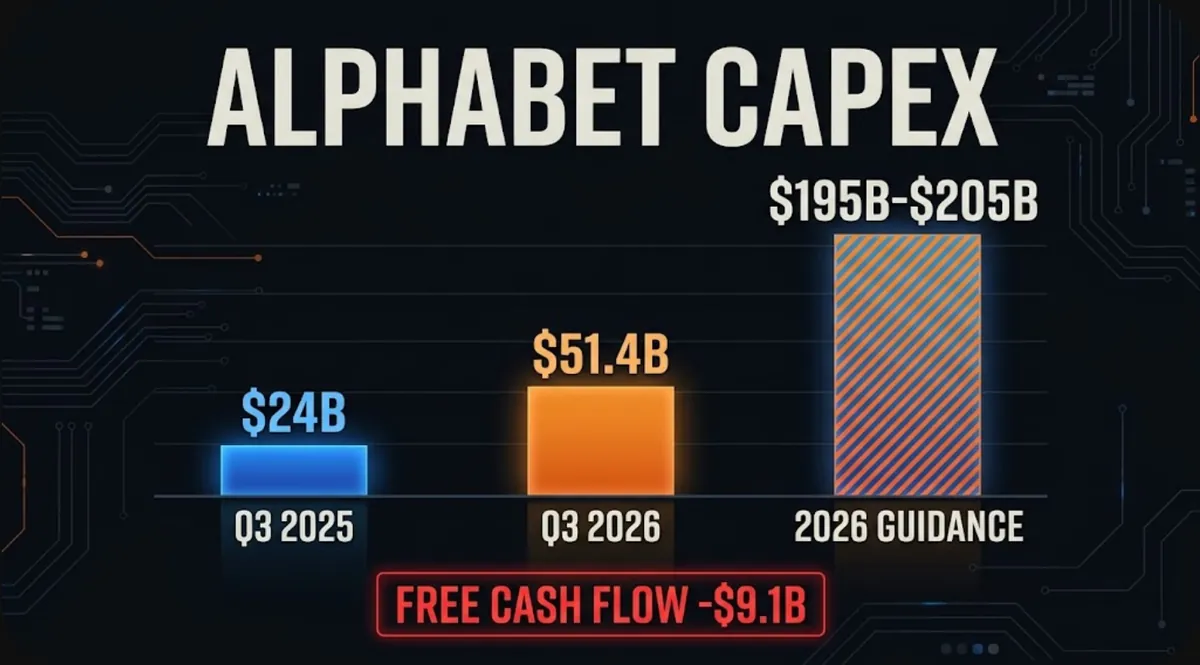 Bar chart of Alphabet AI capex spending: $24B in Q3 2025, $51.4B in Q3 2026 and $195B to $205B 2026 capex guidance, with free cash flow of -$9.1B