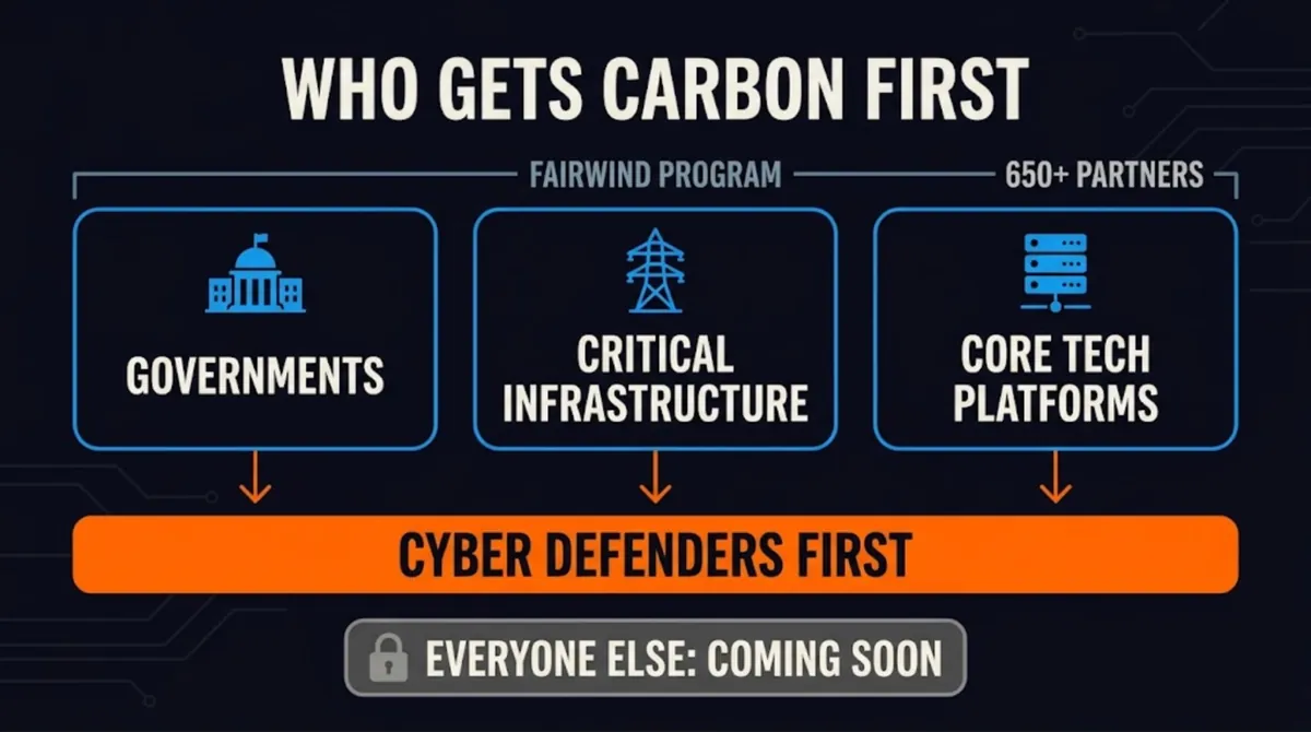 Diagram showing who gets Gemini 4 Carbon first: Fairwind Program partners in governments, critical infrastructure and core tech platforms, with cyber defenders first and everyone else coming soon