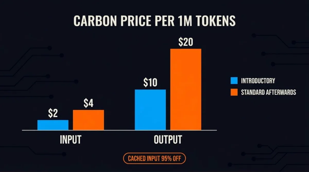 Column chart of Gemini 4 Carbon pricing per 1M tokens: introductory $2 input and $10 output rising to $4 input and $20 output, with cached input 95% off