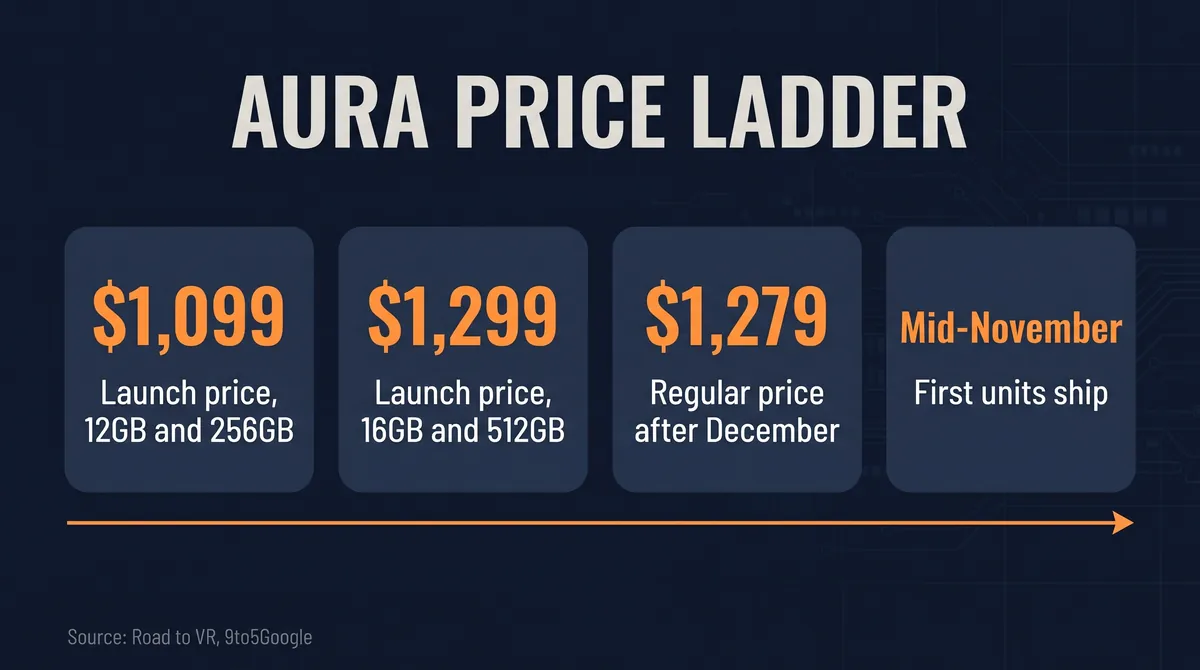 Xreal Aura price ladder diagram: $1,099 and $1,299 launch prices, $1,279 regular price for the base model after December, first units shipping mid-November